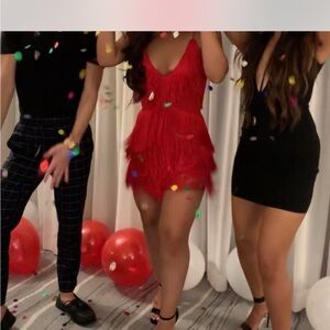 MESHKI Red Fringe Mini Dress